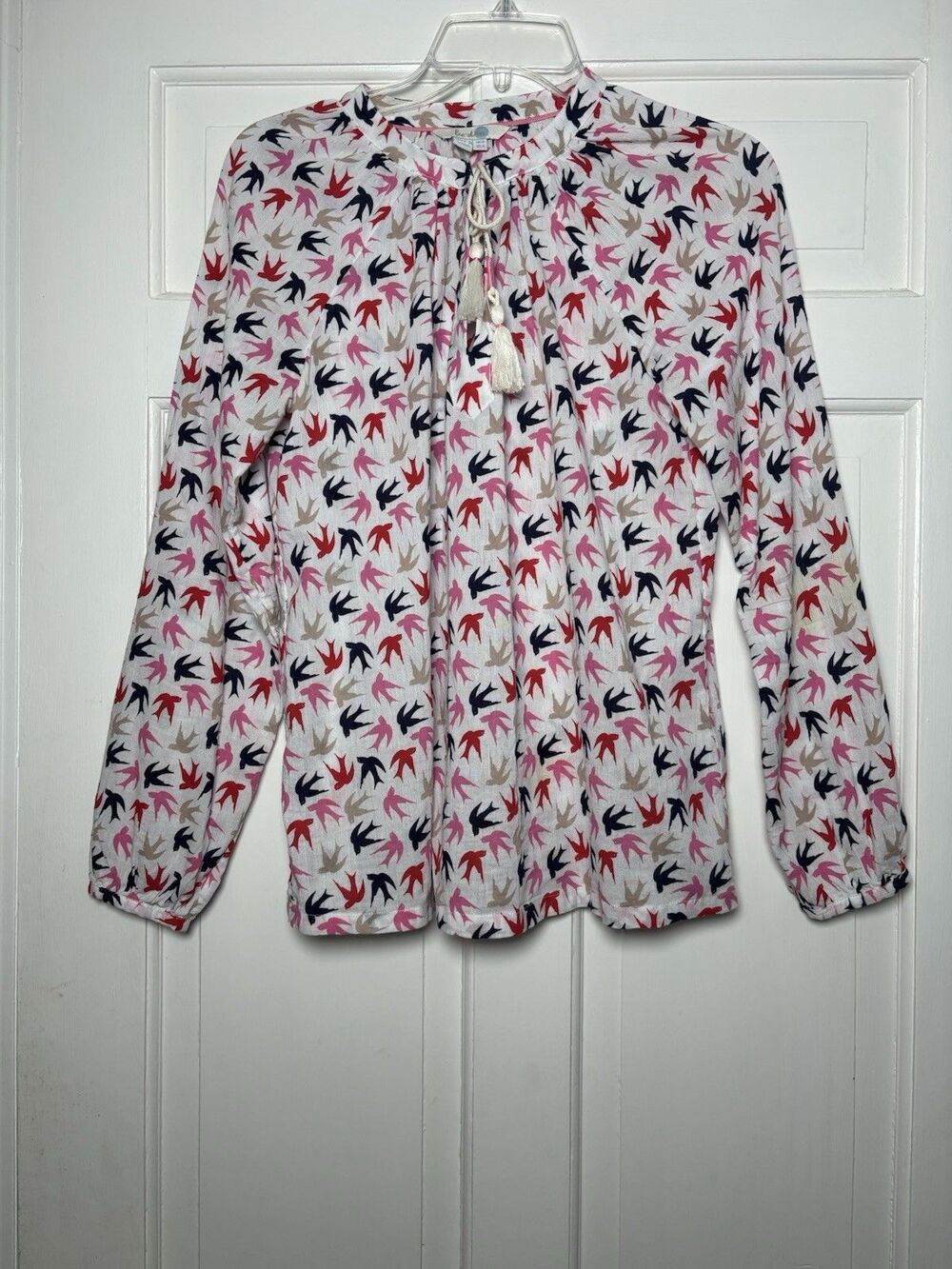 Boden Multi-Color Red/Pink/Blue Bird Print Long Slv White Blouse Women’s 4